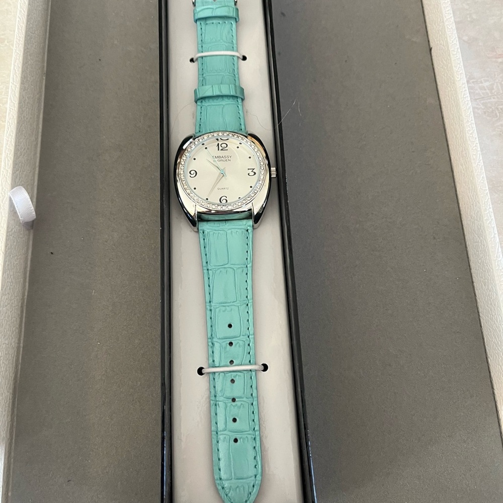 Embassy by Gruen Empress Aqua Blue leather strap Watch with Silver Accents